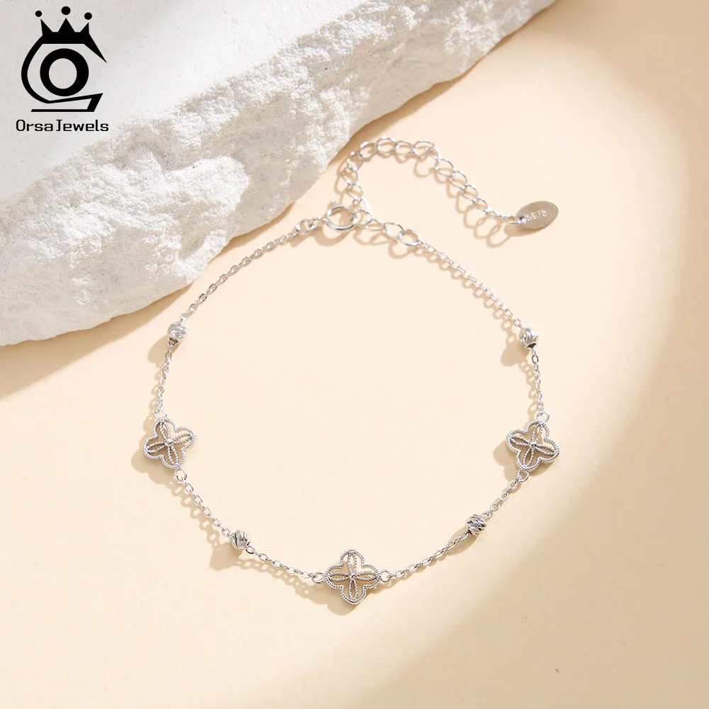 

ORSA JEWELS S925 Silver Elegant Clover Flowers Bracelet For Women Charm Cute Hand Chain Luxury Designer Fine Jewelry APB10