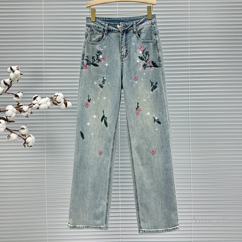 Fashion Rhinestone Jeans Women's Denim Trousers 2024 Spring and Summer New High Waist All-Matching Embroidered Wide-Leg Pants