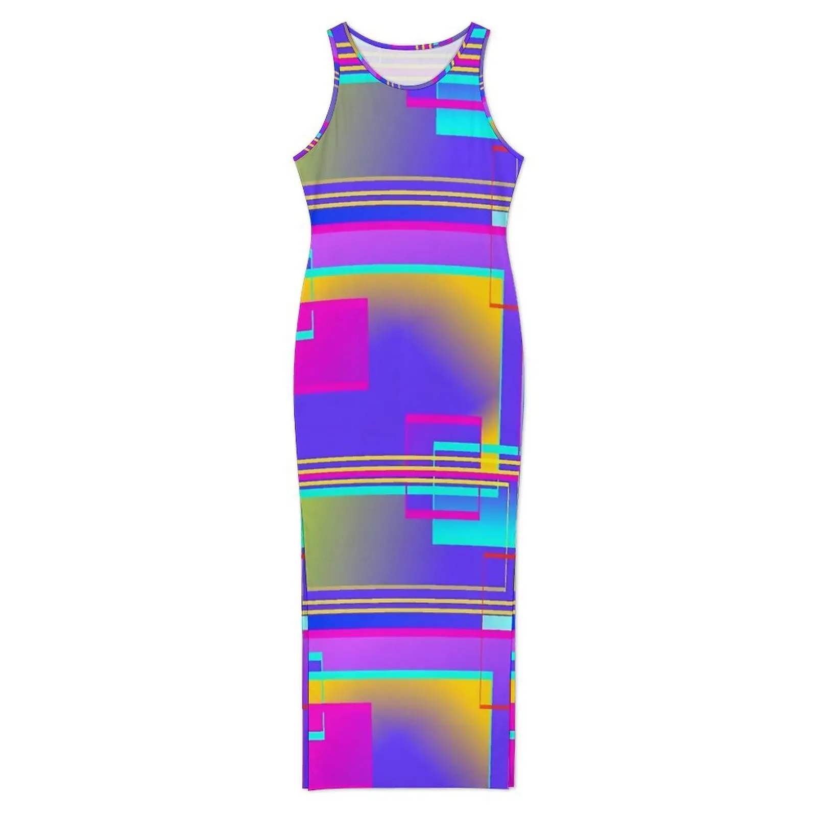 Vibrant Colorblock Dress Sleeveless Geo Print Korean Fashion Maxi Dresses Cute Bodycon Dress Women Pattern Oversized Clothing