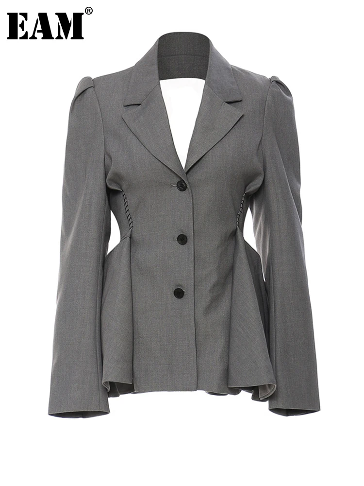 EAM-chaqueta holgada de manga larga para mujer, Blazer elegante con volantes de malla, Espalda descubierta, color gris, a la moda, para primavera y