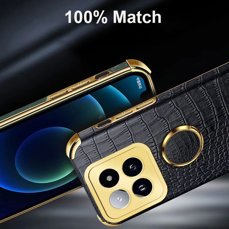 Crocodile Pattern Leather Back Case For Xiaomi 14 Pro Case Magnetic Ring Holder Case For Xiaomi 14 Camera Protector Full Cover