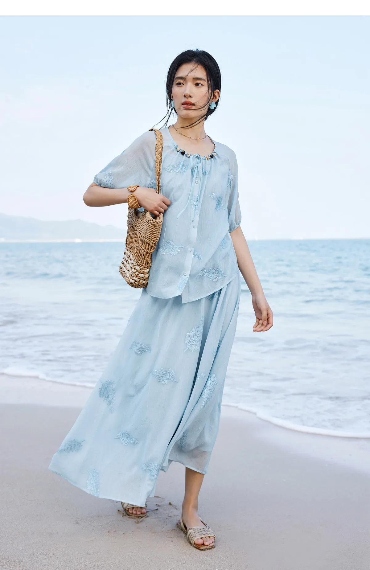 SENTUBILA Elegantes besticktes 3-teiliges Damen-Set, bestehend aus einem Oberteil mit Perlenbesatz und Rundhalsausschnitt, einem einfarbigen Camisole und einem A-Linien-Rock, lockeres Outfit 162ZK4843 – Detail 20