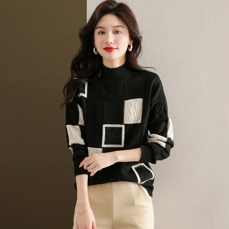 

New Women Plaid Contrast Color Casual Sweater Autumn Winter Fashion Half High Collar Long Sleeve Loose Knitted Pullover Tops