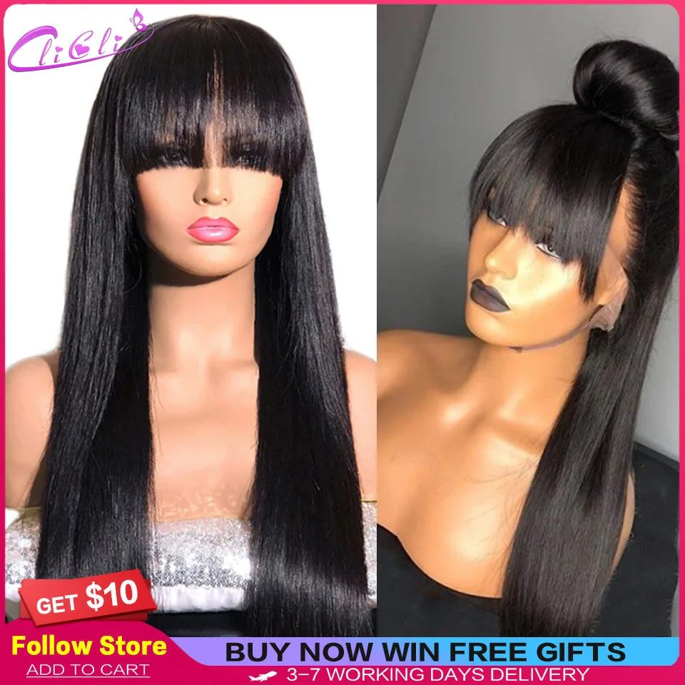 

Straight Human Hair Wigs With Bangs PrePlucked 4X4 Closure Wig Straight Hd Frontal Lace Fringe Brazilian Wigs On Sale Clearance