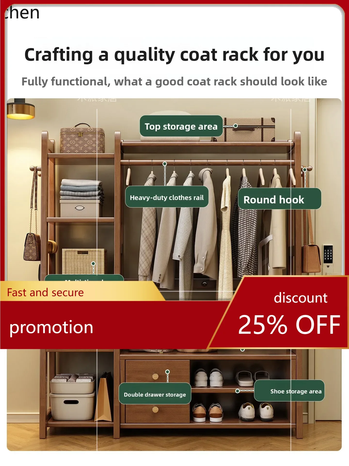 

YFY Solid Wood Coat Rack Floor-standing Bedroom Household Storage Rack Shoe-changing Stool Integrated Storage Rack Indoor