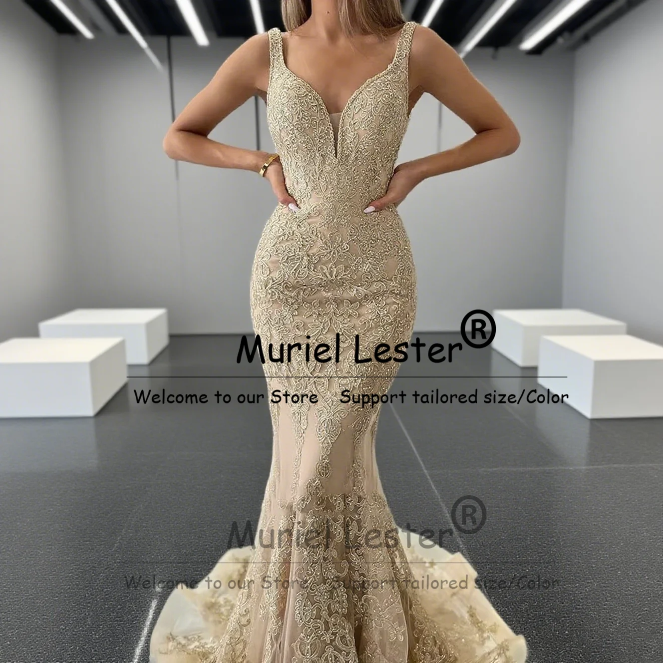 Luxus Spitze Applikationen Perlen Prom Kleider Für Hochzeit Gast Angepasst V-ausschnitt Backless Meerjungfrau Abend Party Kleider Robe De Soriee