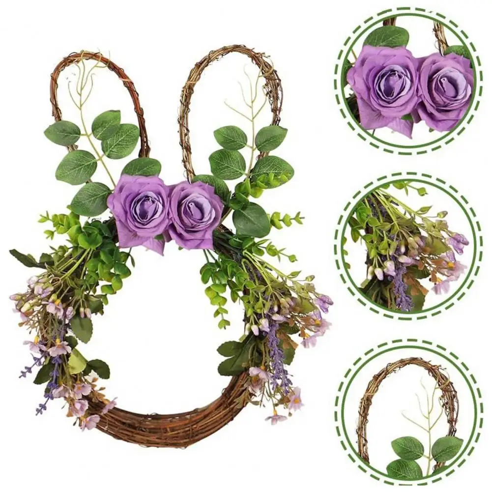 

Rabbit Wreath Easter Theme Wall Hanging Easter Decoration Easter Bunny Rattan Wreath with Flower Garland for Front Door for Home