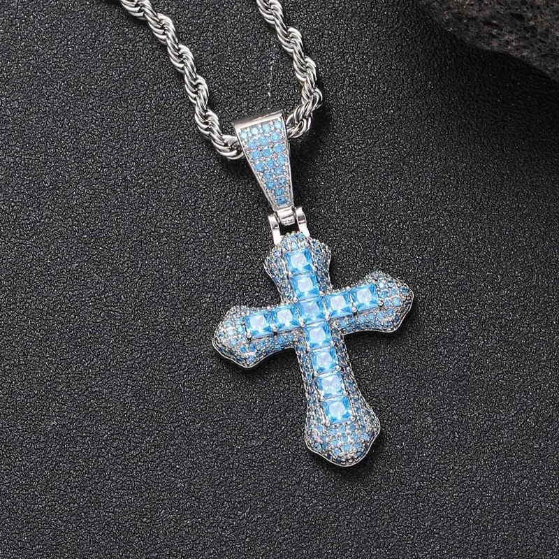 Hip Hop Fashion Blue Zircon Cross Pendant Men's Transit Amulet Heavy Industry Studded Sweater Chain Jewelry Necklaces