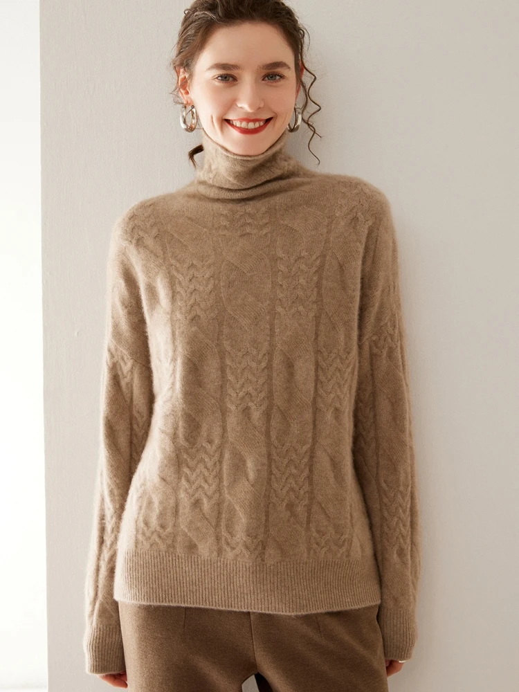 

Women's 100% Cashmere Turtleneck Pullover Sweater Autumn Winter Half-Zip Twist Flower Solid Loose Knitwear Basic Long Sleeve Top