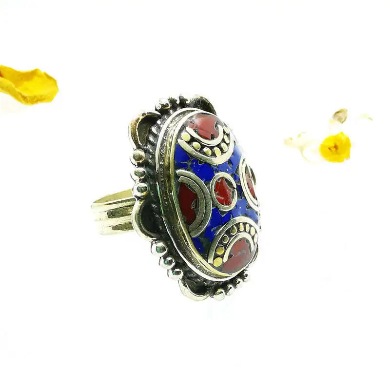 Nepal Vintage Flower Rings Copper Inlay Colorful Stone R186