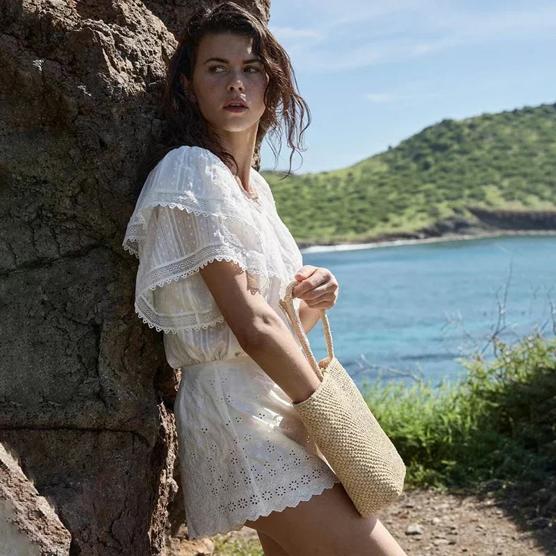 Women 2025 Summer Cotton Polka Dot Lace Ruffled Big Round Neck Princess Loose Blouse