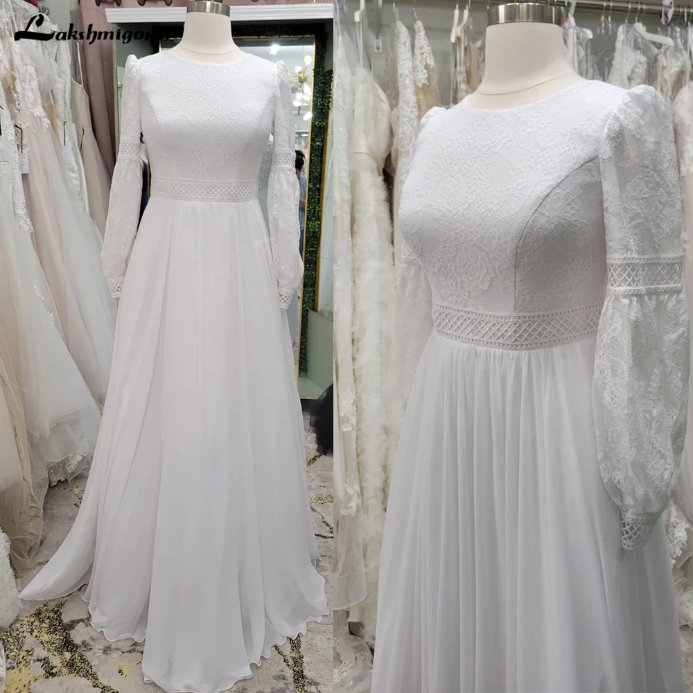 Bohemian Brautkleid maßge schneiderte Brautkleid lange Ärmel Chiffon eine Linie Spitze Mieder O-Ausschnitt Schnürung zurück Vestido Novia