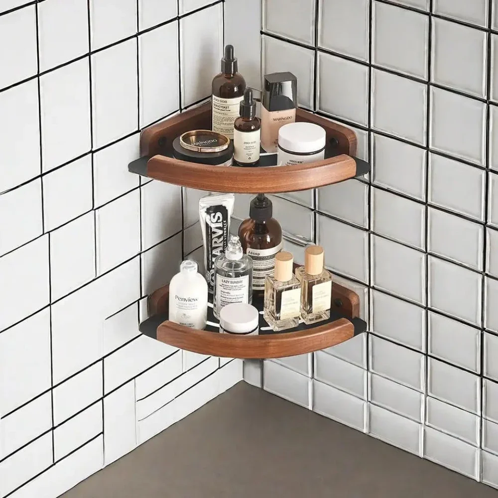 Black+White Walnut Wood Bathroom Shelves Wall MountedSpace Aluminum+Shower Corner Storage Shelf  Kitchen Organizer Rack