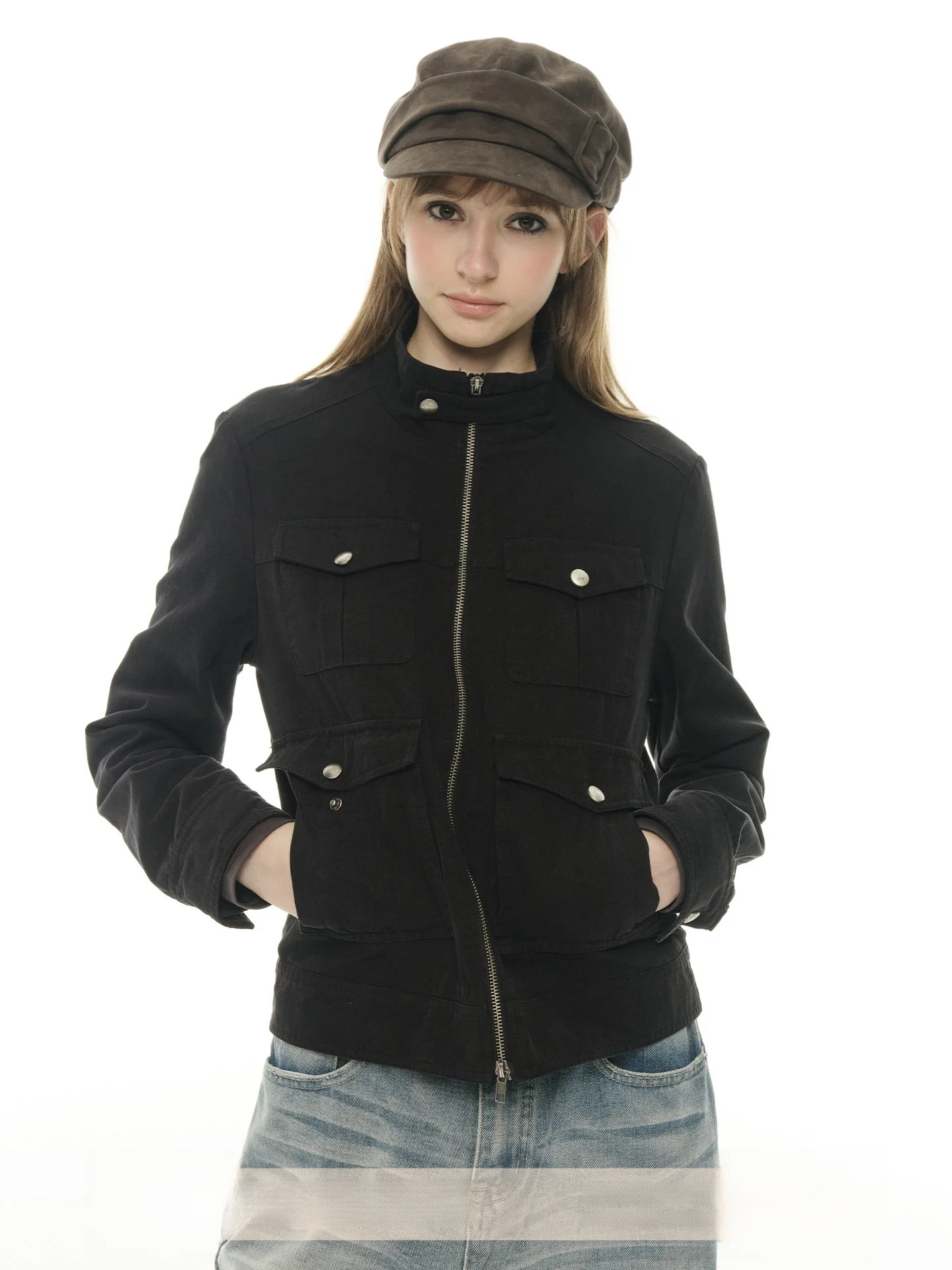 

UNRETRO Women's Slim Fit Cotton Jacket Short Style Faded Black Long Sleeve Spring Autumn Workwear Top Metal Decoration Zipper