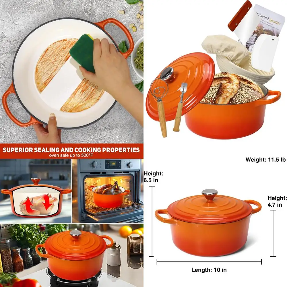 

Enameled Cast Iron Bread Oven with Proofing Basket - Heavy-Duty Cookware for Baking, Braising, and Roasting (Orange)