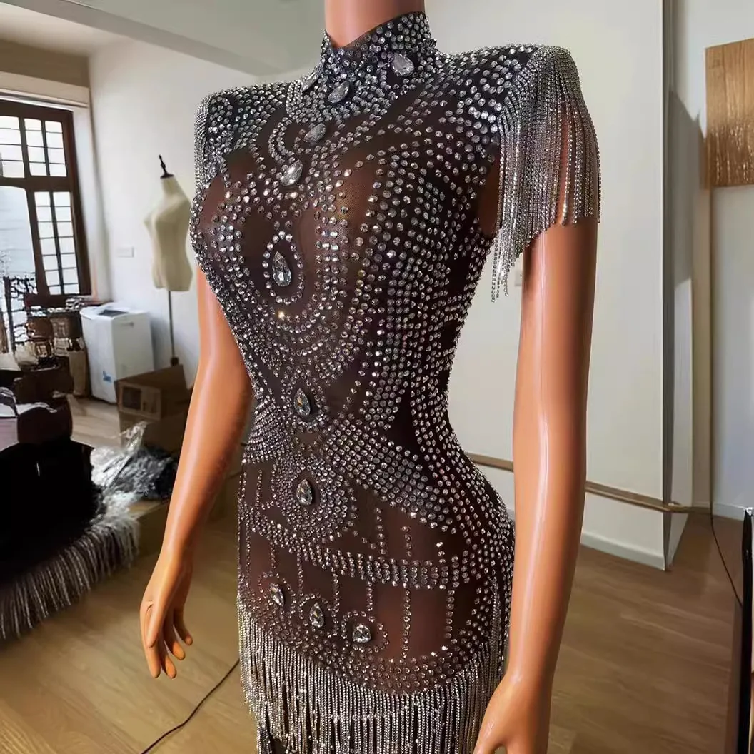 Summer Black Mesh Rhombus Rear Split Tassel Shiny Dress Party Ladies Vestidos Fiesta Vestidos Noche De Lujo Fiesta  Above Knee