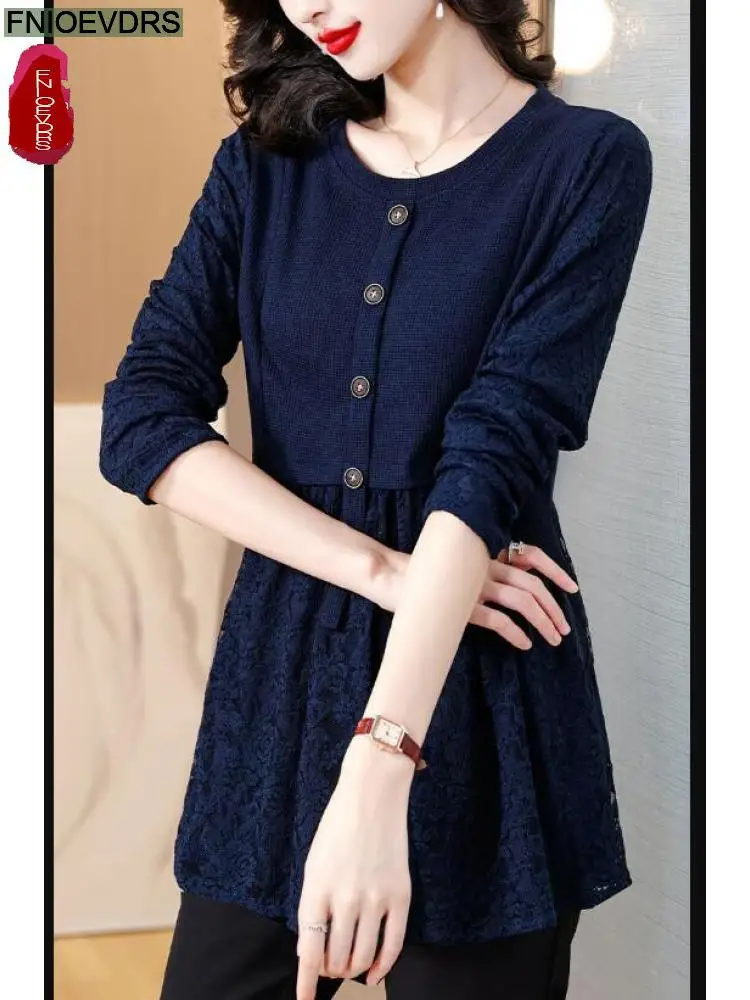 M-5XL Lace Velvet Top Women Autumn Winter French Design Elegant Office Lady Work Button Shirt Casual Slim Retro Peplum Blouses