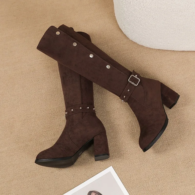 Botas de Mujer de Alta Calidad, Botas Altas de Gamuza y Cuero, Botas de Tacón Alto y Grueso con Punta Puntiaguda, Botas Largas para Mujer