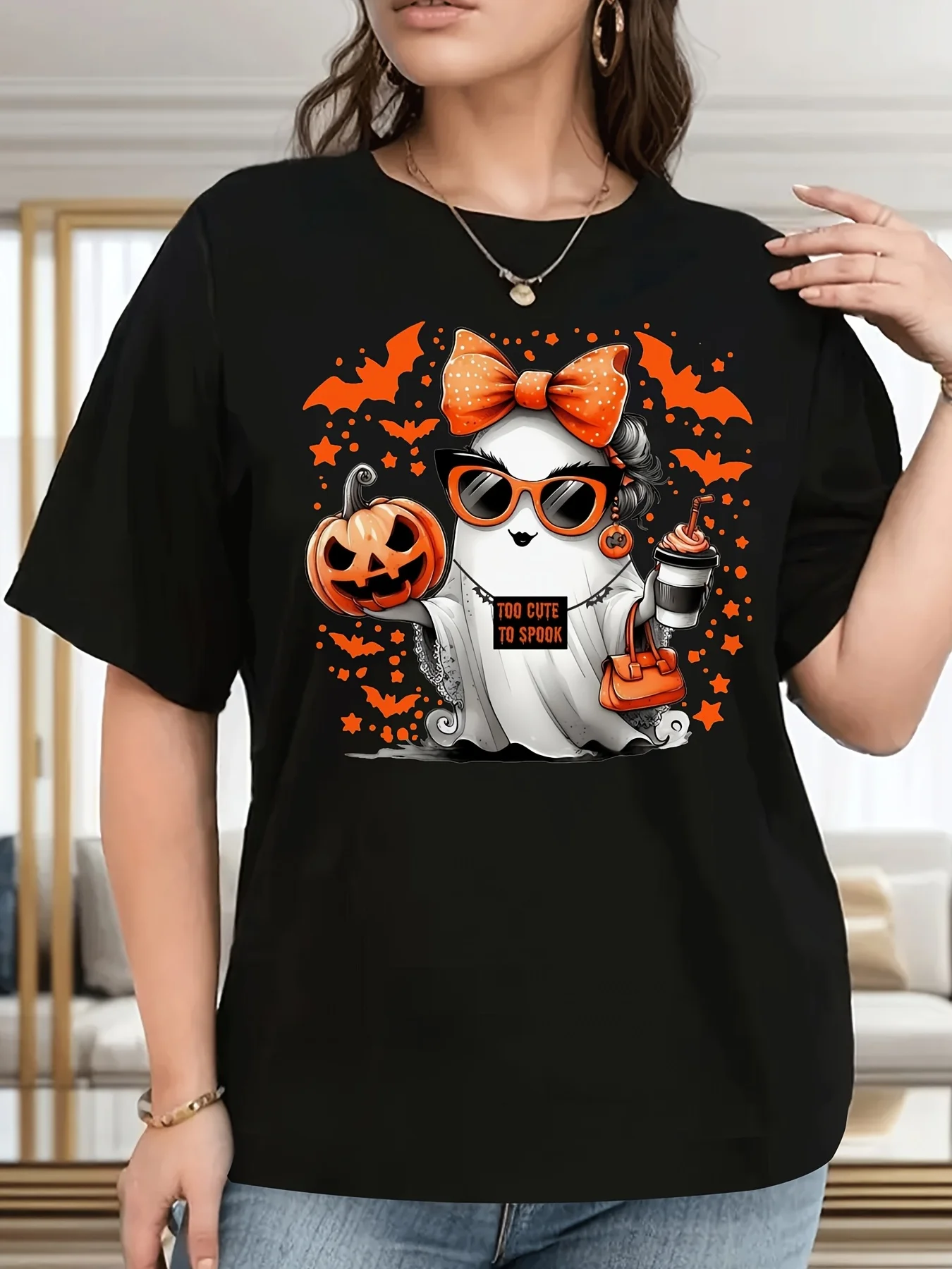 

Женская осенняя свободная футболка больших размеров на Хэллоуин 2025, свободная футболка из чистого хлопка с короткими рукавами, подходит для женщин, повседневная футболка с призрачным принтом