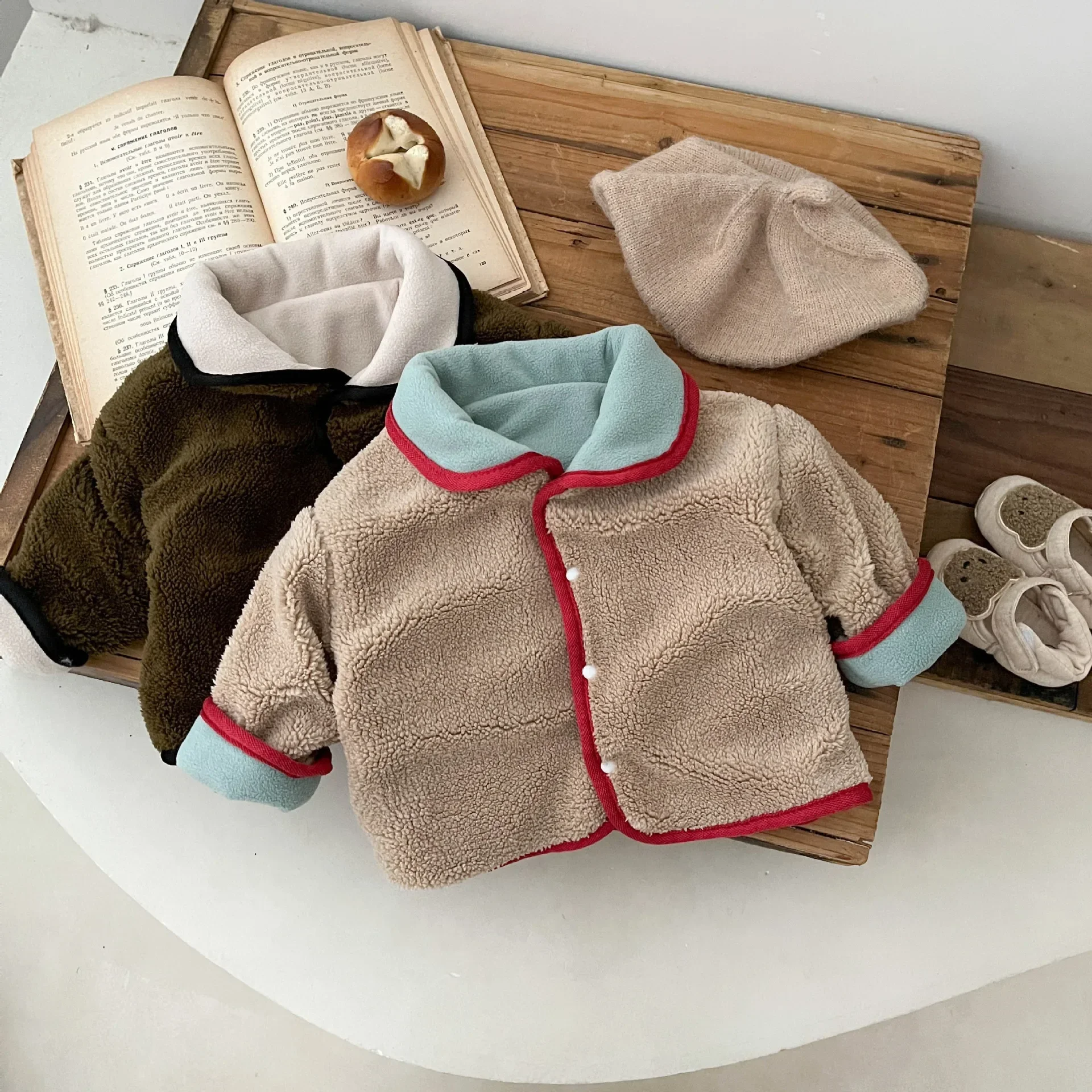 

2023 Winter New in Kids Baby Boys Girls Casual Coat - Toddler Color Blocking Double-sided Thick Plush Top , Infant Jacket 0-3Y