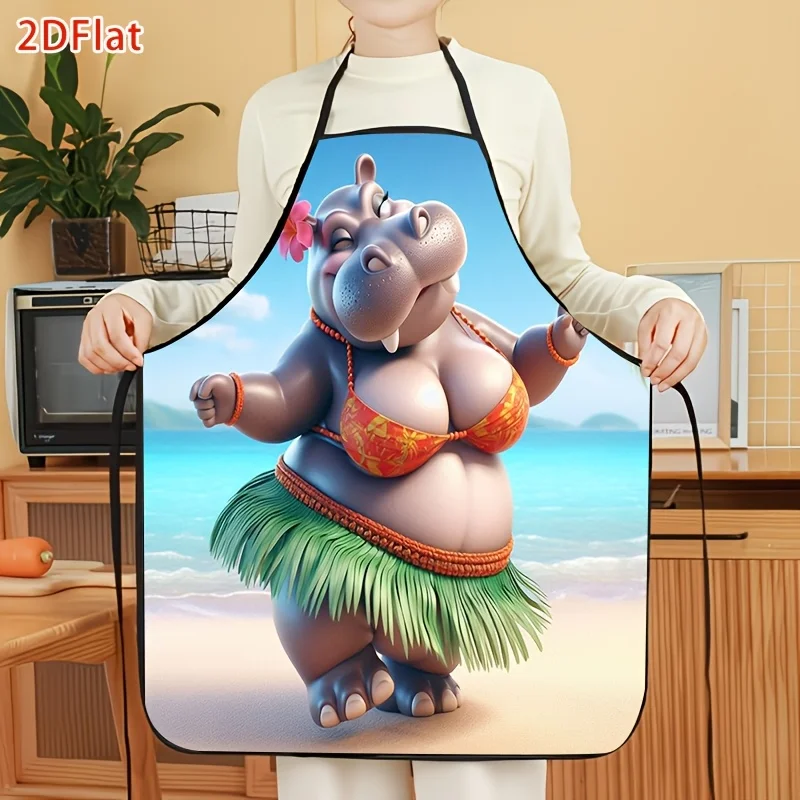 1pc Cartoon Hippo Beach Outfit Printed Pattern Kitchen Sleeveless Polyester Apron, Women Men Daily Cooking Fashion Housework Kit
