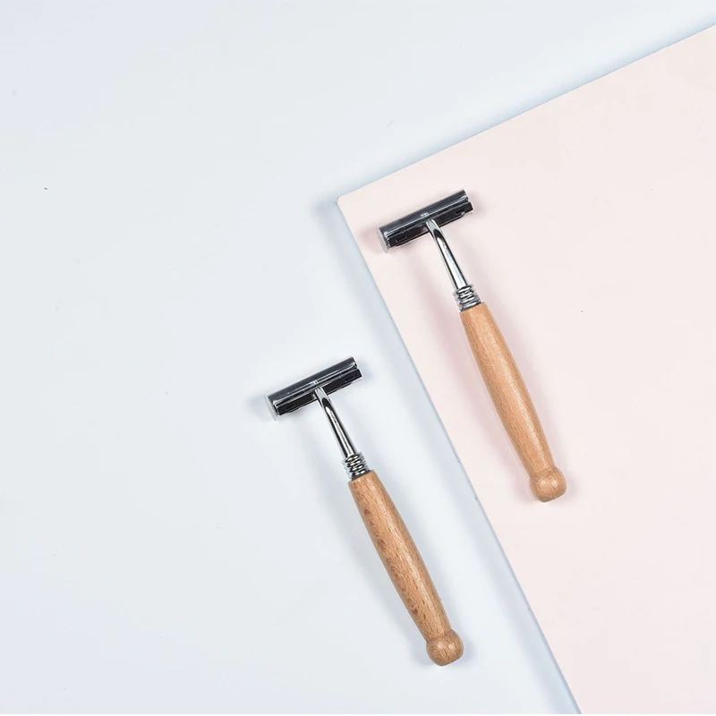 Lâminas descartáveis para homens, barbeador manual de segurança, punho de bambu, cabeça de aço inoxidável, máquina de barbear do curso do hotel, casa