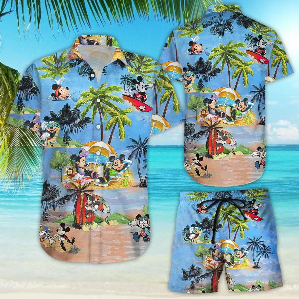 Mickey Mouse Sweet Summer Vacation Hawaiian Shirt and Board Shorts Disney Fashion Short Sleeve Shirt Set Mickey Men  Streetwear