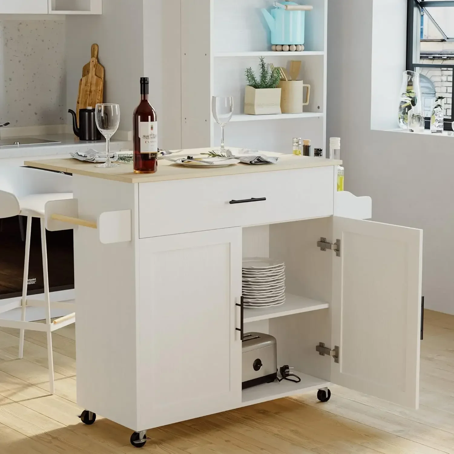 Rolling Kitchen Island Table on Wheels with Drop Leaf, Storage Cabinet, Drawer, Spice Rack, Towel Rack, Kitchen Cart, White