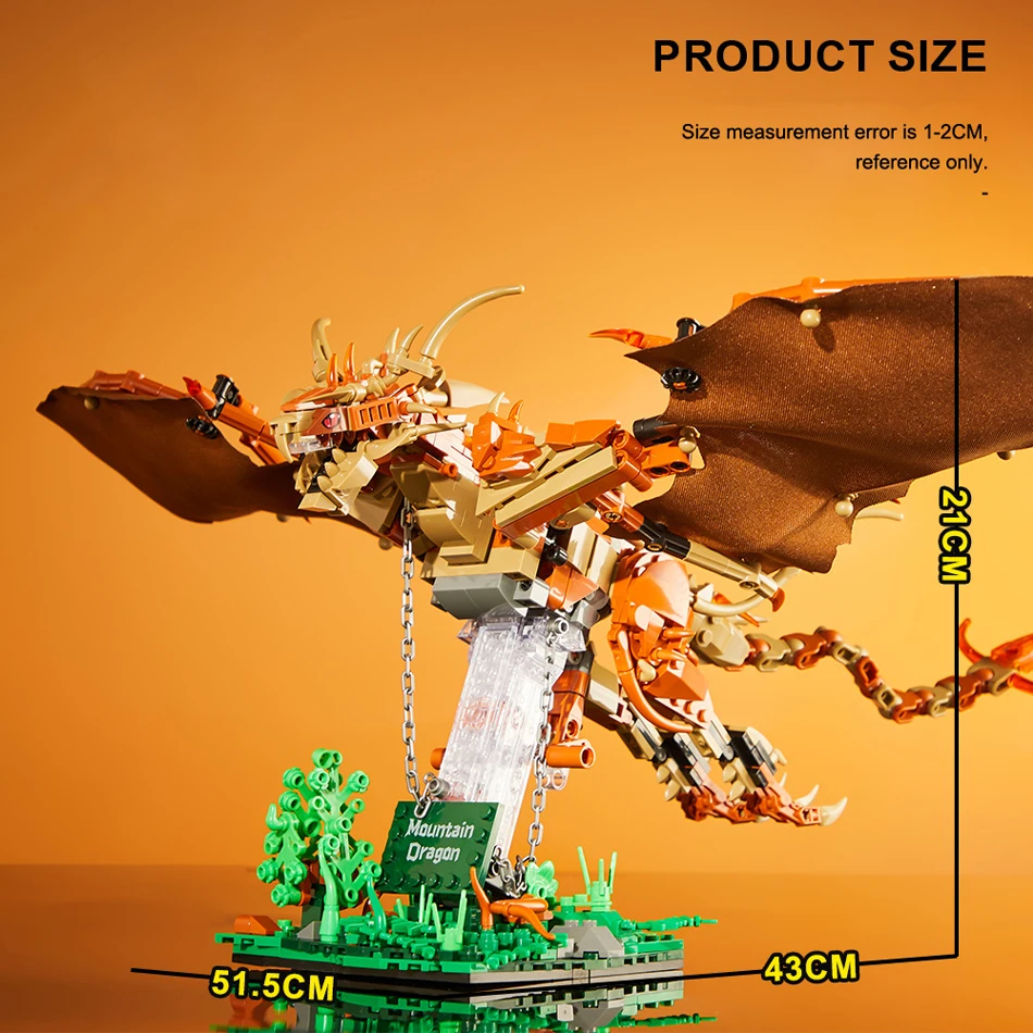 Klocki konstrukcyjne MOC Średniowieczny Magiczny Zwierzak Smok Górski Latający Smok z Miękkimi Skrzydłami Zestaw do Składania Zabawka dla Dzieci i Dorosłych Prezent