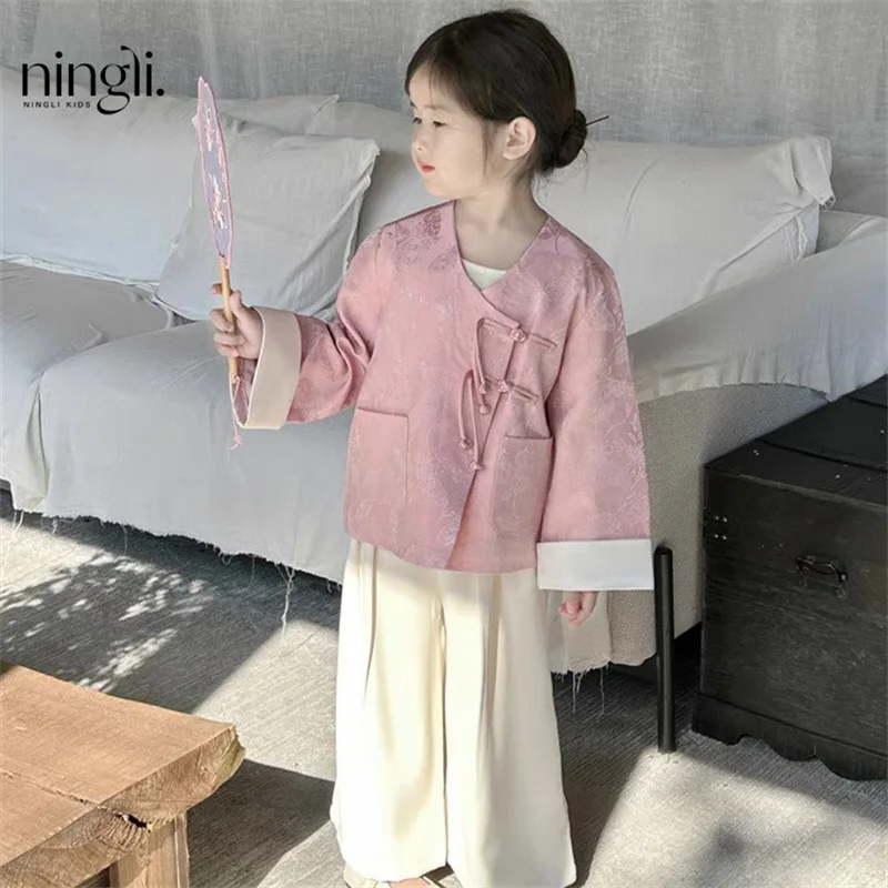 

NL-Girls' Satin New Chinese Style Suit Spring and Autumn Clothing Children's Han Chinese Costume National Style Two-Piece Set To