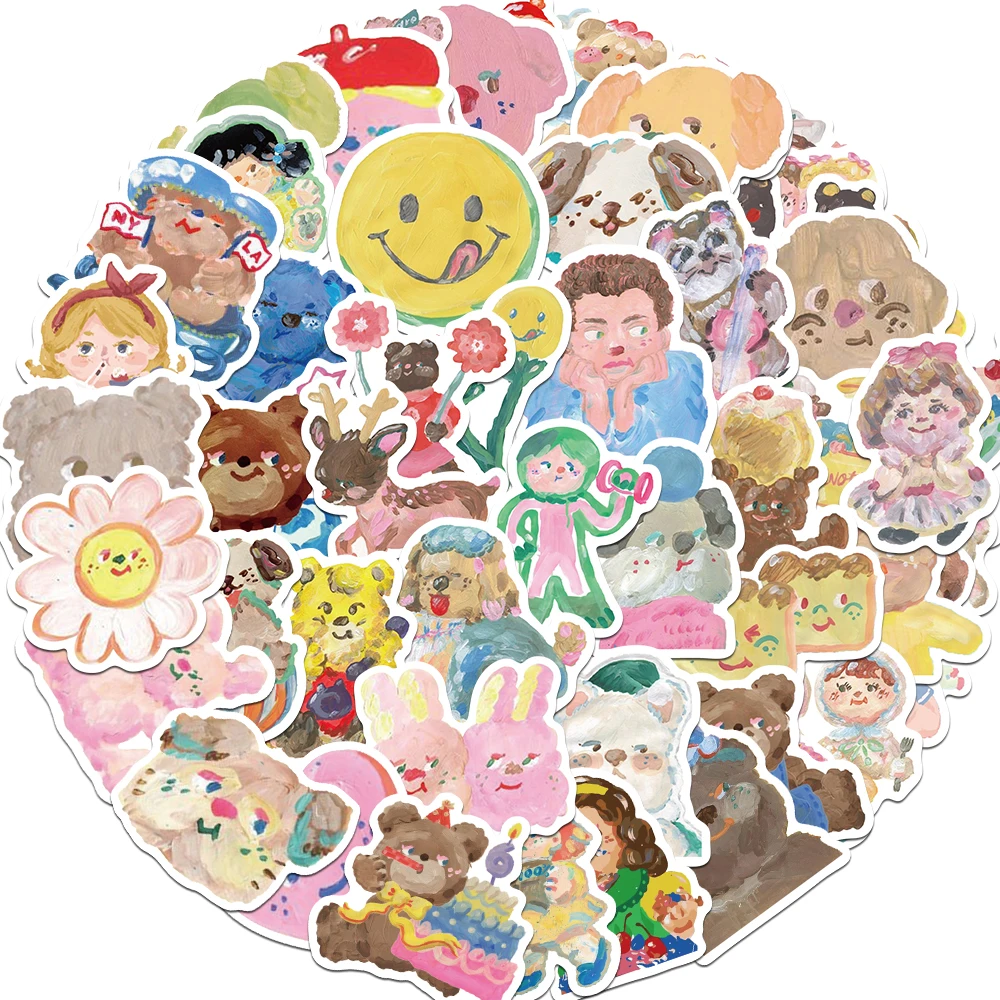 55pcs Cartoon Oil Painting Cute Stickers Decoration Skateboard Laptop Bike Suitcase Wall Creative Decals Kids Toy