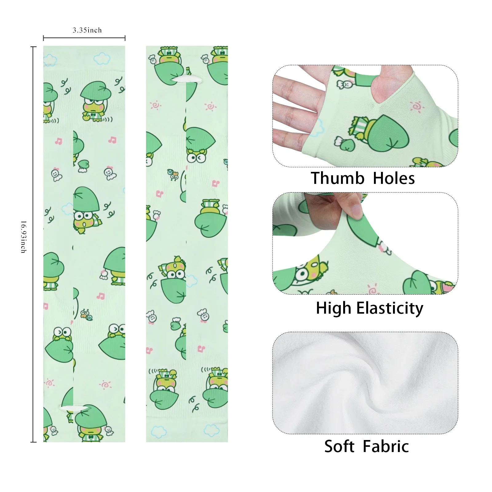Keroppi Mangas de brazo con estampado de dibujos animados Kawaii: seda de hielo verde claro, protección UV transpirable para aventuras diarias y al aire libre acogedoras