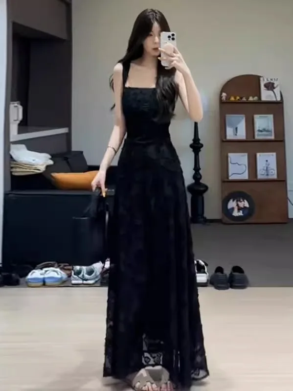 

Ele Bla Strapl Long Dr Women's Faion Slimming Waist Design Summer High-End Feelings Unique Sle Par Dr