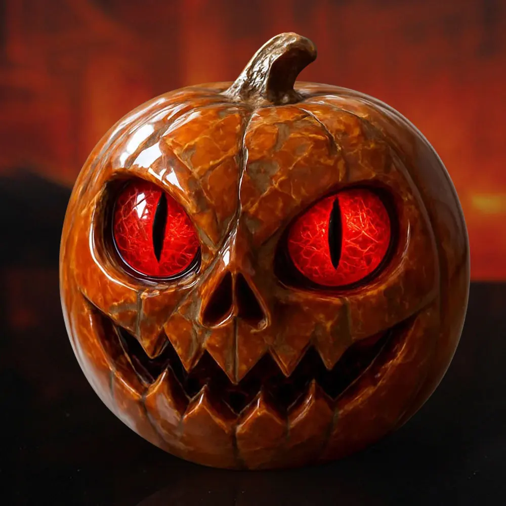 تصميم فريد من نوعه على شكل يقطين مصنوع يدويًا تمثال يقطين أحمر العينين مظهر رخامي من الراتنج مع عيون كهرمانية ديكور سطح الطاولة للهالوين