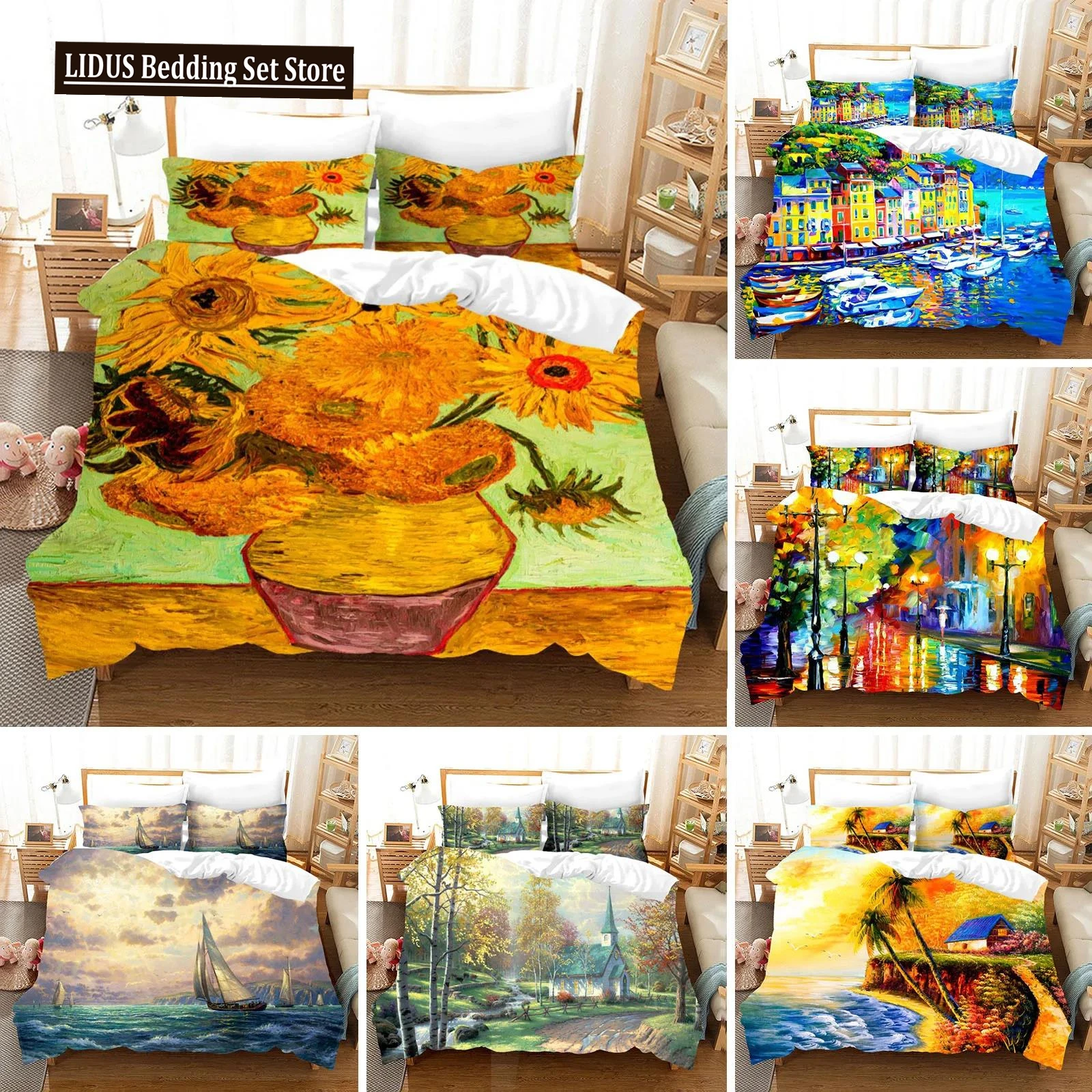 

Oil Painting Van Gogh Star Sky Bedding Set Queen King Size Bedroom Decor Quilt Cover Pillowcase 2/3 Pcs Bed Linen Home Textile