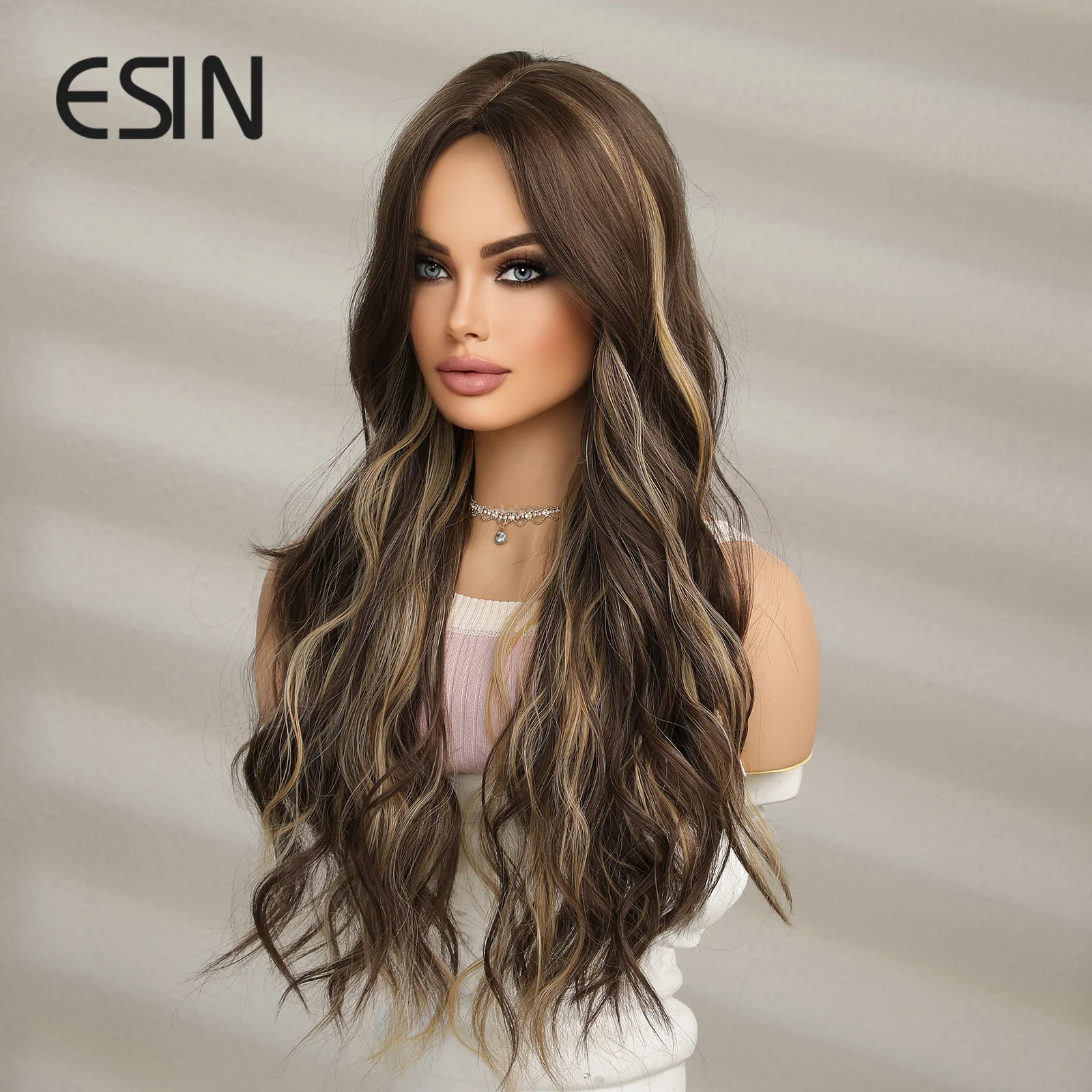 ESIN-Peluca de cabello sintético para mujer, pelo largo con ondas al agua, degradado, Rubio mezclado, marrón, parte media, fiesta Natural, resistente al calor