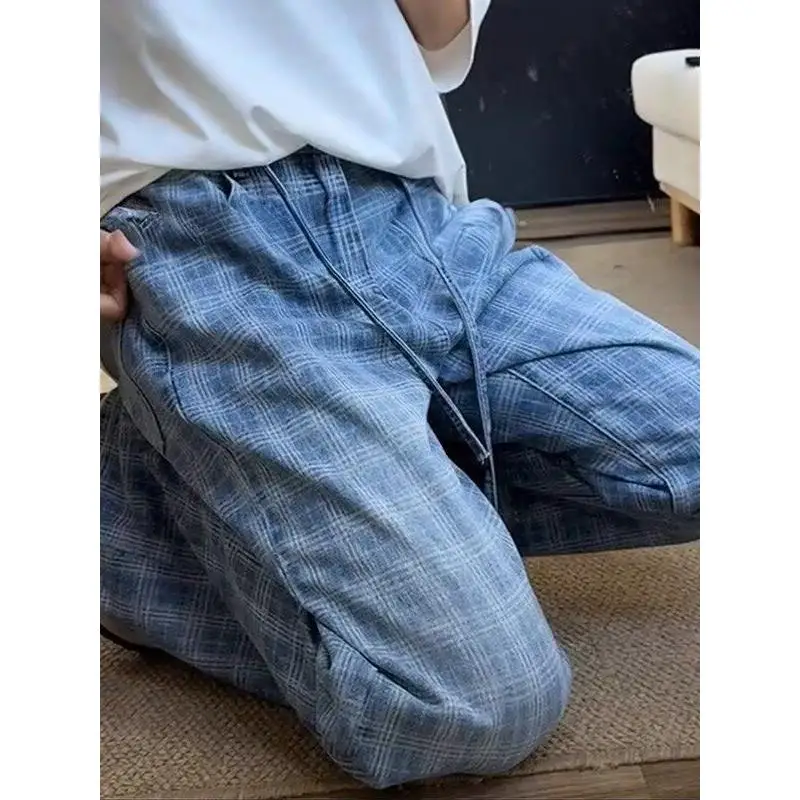 

Street Style Slim Fit Blue Plaid Print Loose Dad Jeans Men's Skateboard Jeans mid Waist Zipper Closure Casual Style