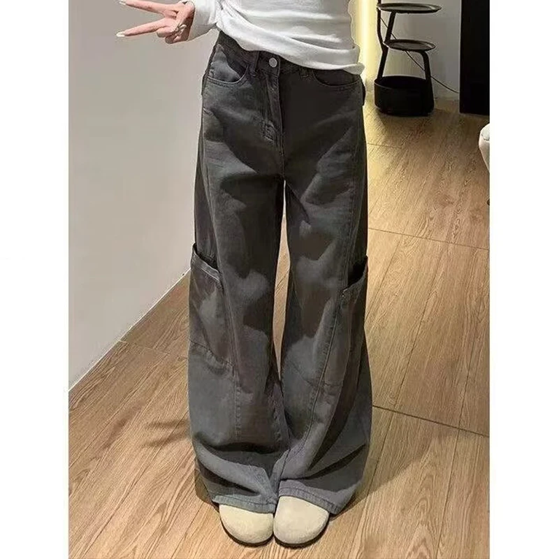 

Новые однотонные тонкие повседневные женские джинсы, модные уличные свободные брюки-карго, женские простые базовые серые шикарные широкие брюки