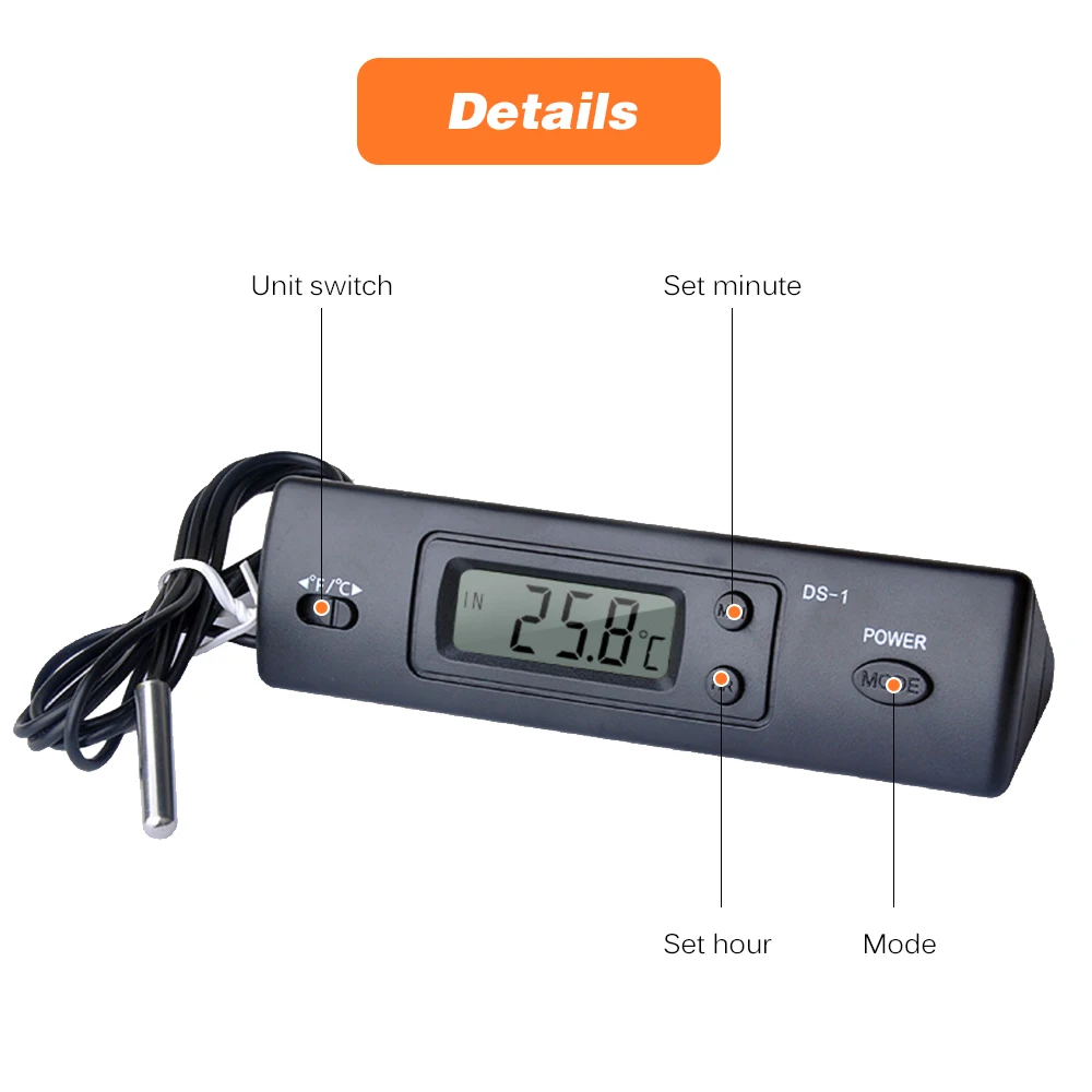 Handheld Thermometer Electronic Digital Car Thermometer Indoor Outdoor Multi-Function Thermometer Time Temperature with Probe