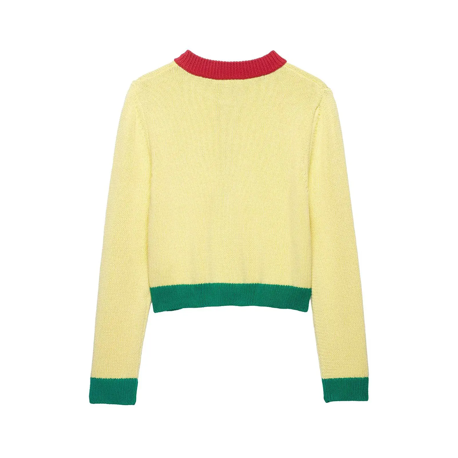 Color Block Contrast Knit Cardigan Round Neck Yellow Base Red Placket Green Cuff Hem Blue Pocket Cropped Women Sweater Outerwear view 2
