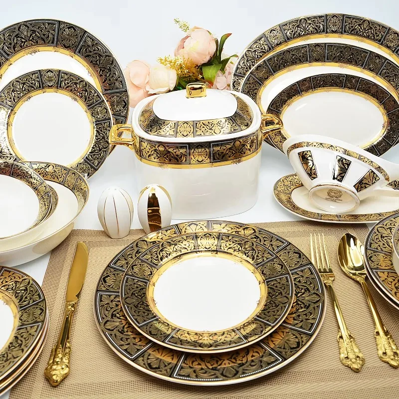 98pcs Golden Luxury Black Gold Ceramic Porcelain Royal Kitchen Dishes & Plates for Dinner