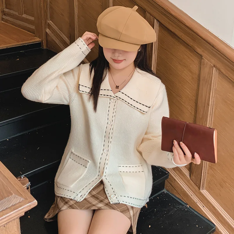 

Свободный женский вязаный свитер с отложным воротником, модный оверсайз кардиган в стиле Lazy Open, теплый зимний кардиган в стиле Little Fragrance