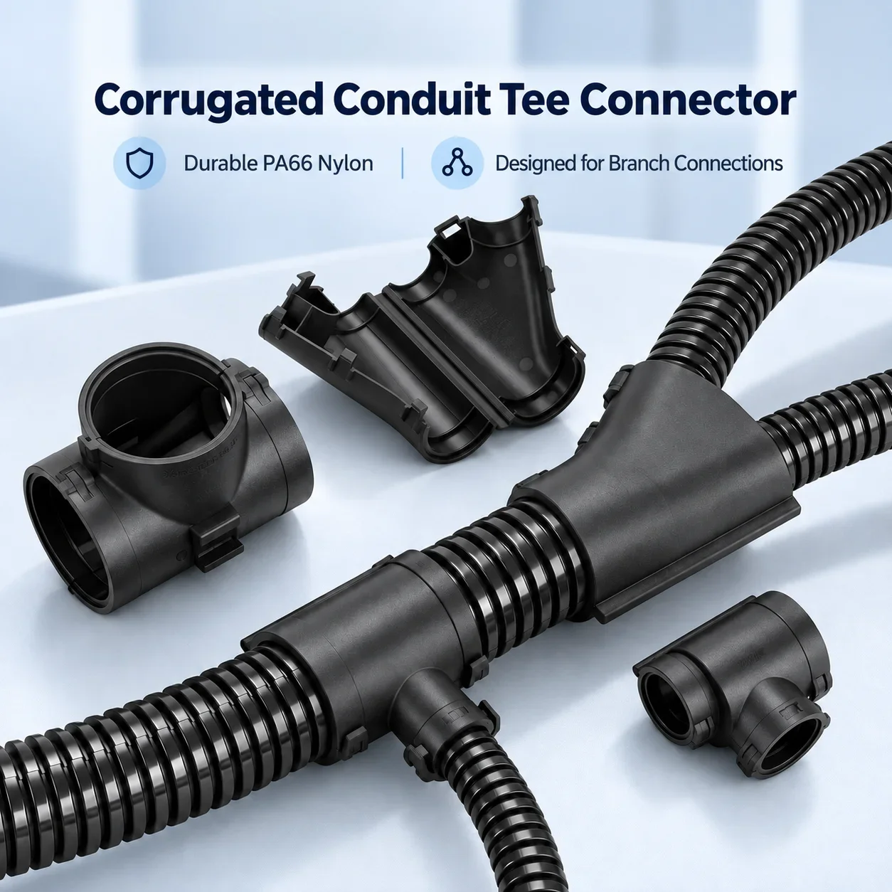10Pcs Flame-Retardant PA66 Corrugated Pipe Tee Joint T-Type Wire Harness Buckle Diverter Y-Type Openable Hose Buckle for Electro