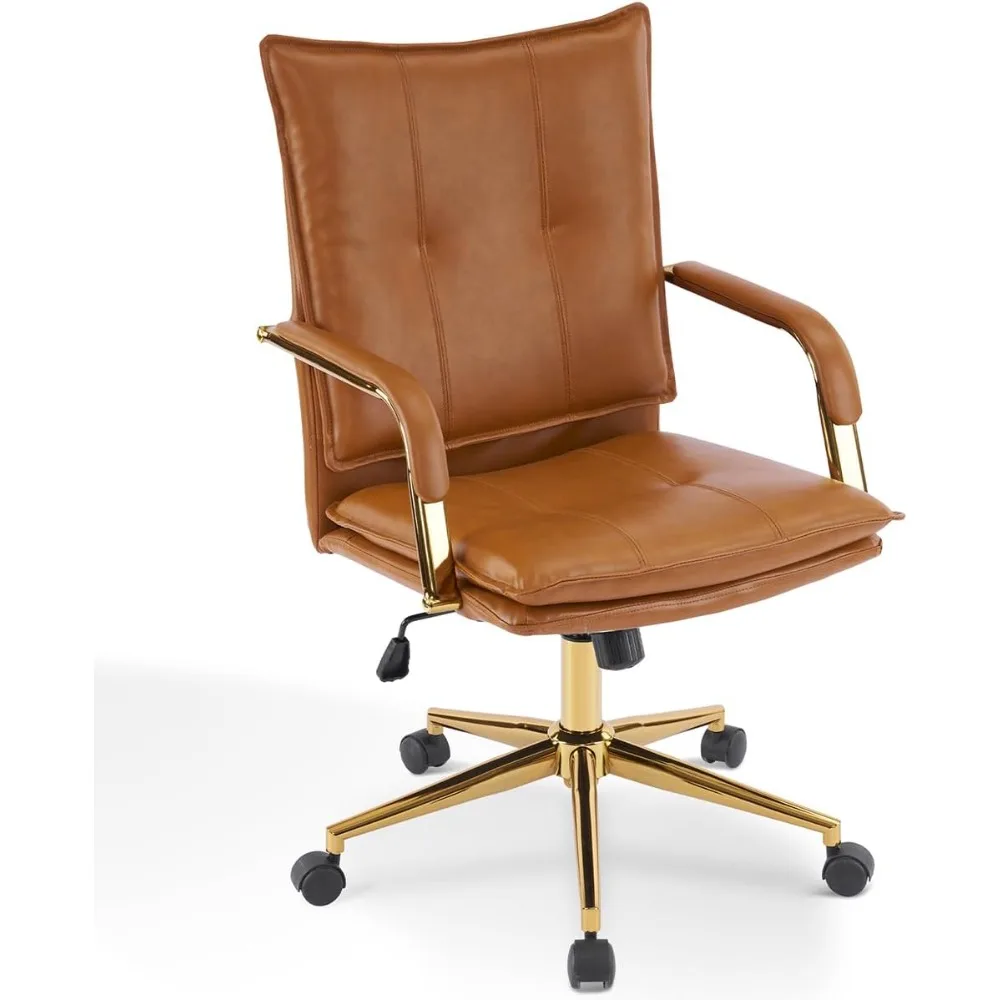 

mid-century style ergonomic swivel desk chair with faux leather upholstery and gold legs for home office comfort