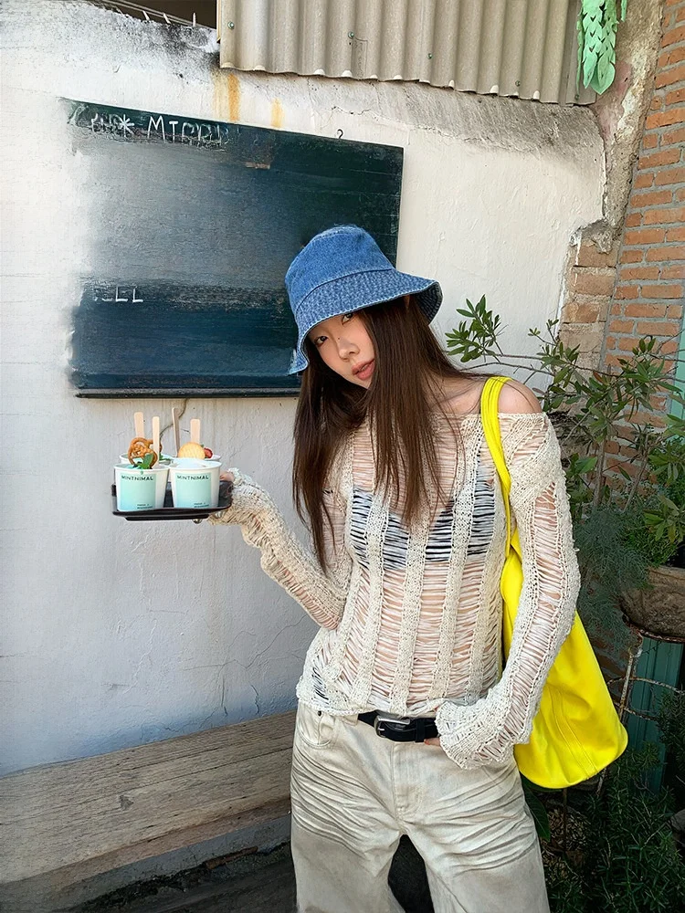 

Ranwear Lace irt Hollow out Long Sve Slim Fit Aosphere Heavy Industry Early Spring Women's Knittedwear round Ne