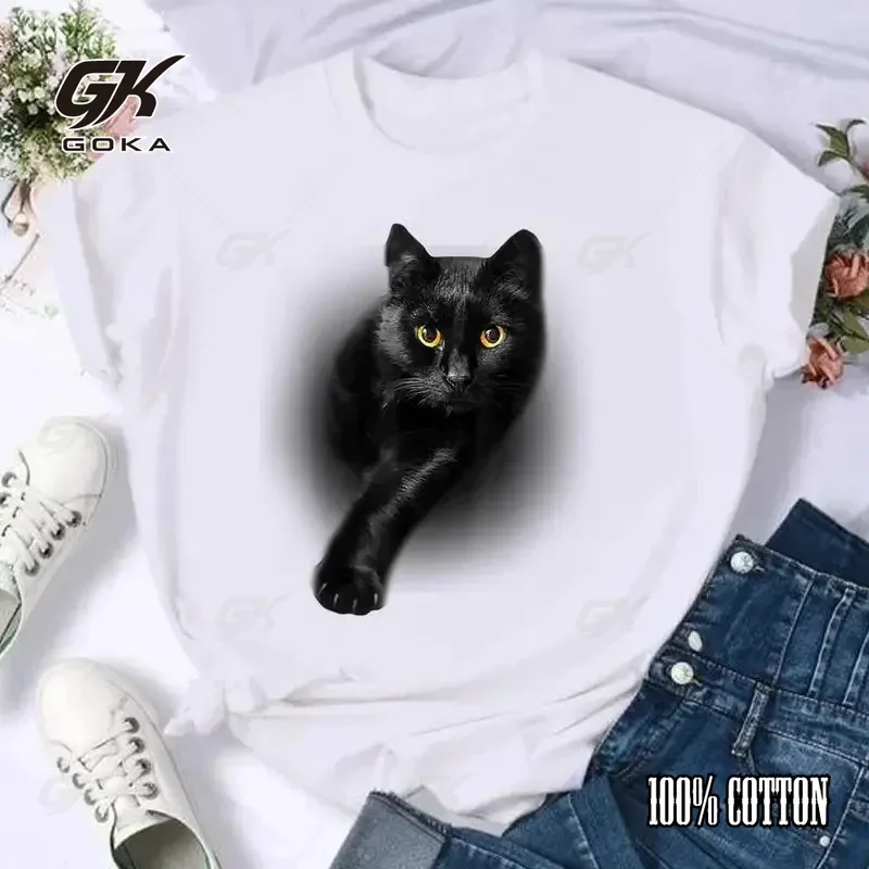 

Милый топ с принтом панды и кошки, женская модная футболка с короткими рукавами, женская одежда с круглым вырезом, кавайная одежда