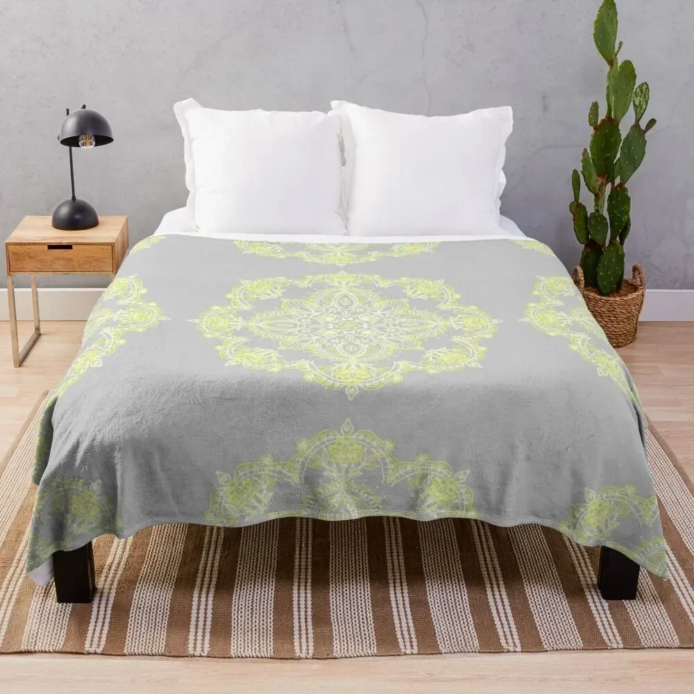 Pale Lemon Yellow Lace Mandala on Grey Throw Blanket Multi-Purpose Large christmas decoration Blankets