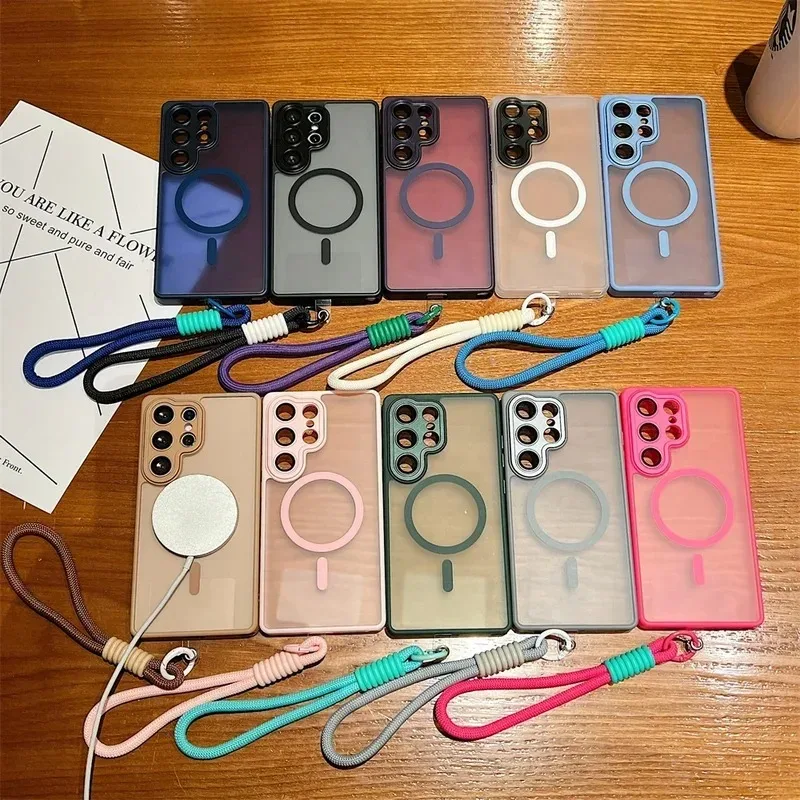 Transparent Magnetic Protective Case for Samsung Galaxy S26 S25 S24 S23 S22 Ultra Plus FE A Series with Lanyard Frosted Wrist