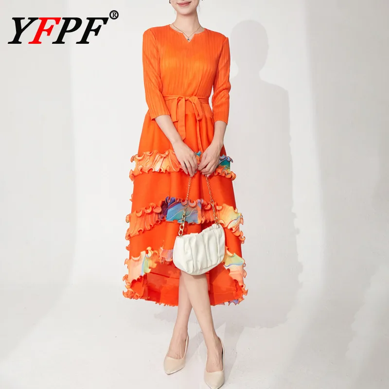 

YFPF Colorful Ruffles Spliced Irregular Pleated Dress For Women Lace-up Gathered Waist A Line Evening Dresses 2025 New 3A203