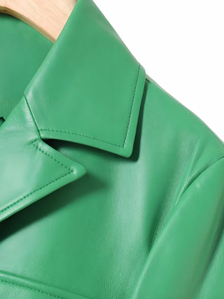 Büro-Damen-Kurzjacke aus echtem Leder, Anzugkragen, Knopftasche, modisch, hochwertig, grün, lange Ärmel, Schaffell-Oberbekleidung